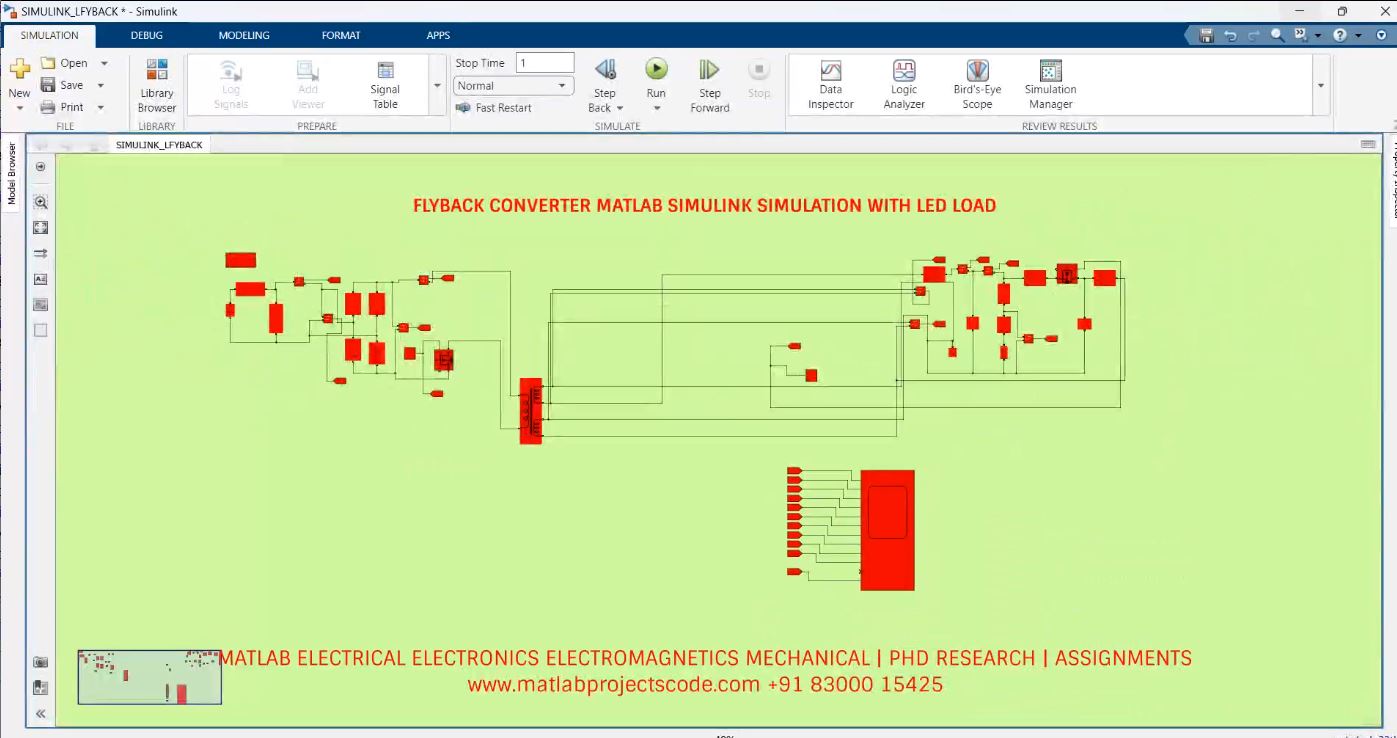 Flyback Converter Matlab Simulink Simulation With Led Load project simulation thumbnail for Power Electronics Engineering
