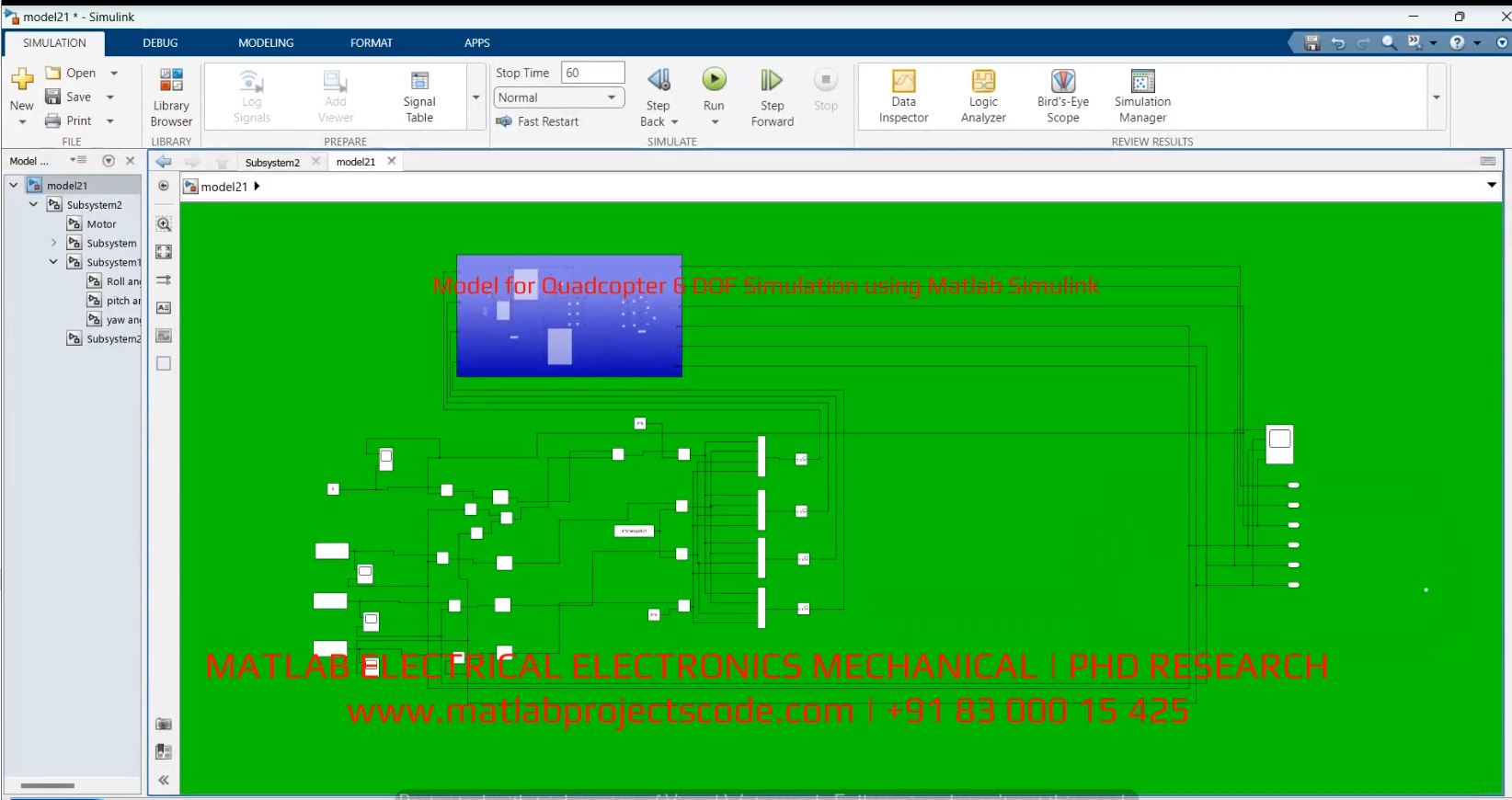 Model For Quadcopter 6 Dof Simulation Using Matlab Simulink project simulation thumbnail for Electrical Engineering