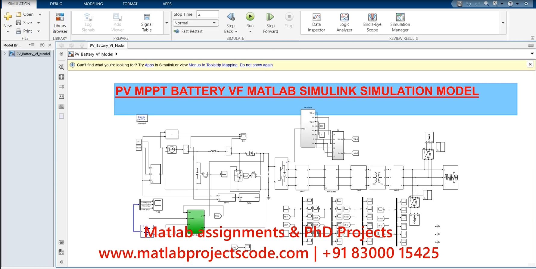 Pv Mppt Battery Vf Matlab Simulink Simulation Model project simulation thumbnail for Renewable Energy Engineering