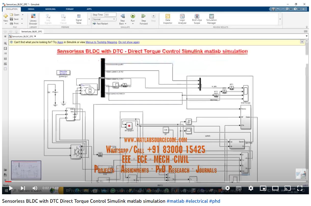 Sensorless Bldc With Dtc - Direct Torque Control Simulink Matlab Simulation project simulation thumbnail for Mechanical, EV and Mechatronics Engineering