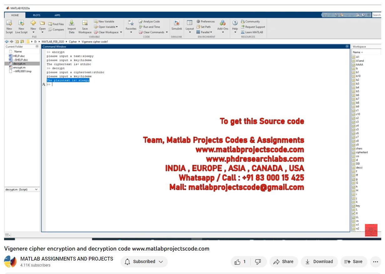 Vigenere Cipher Encryption And Decryption Code-Matlab Simulink-Electrical Assignments-Projects-Phd Research project simulation thumbnail for Electrical Engineering